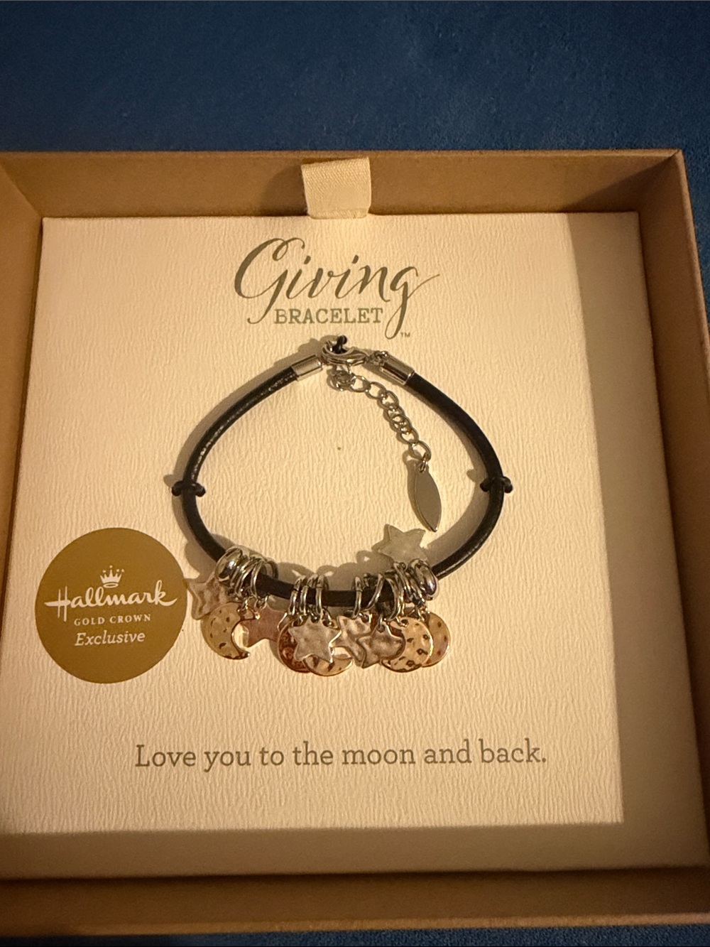 Hallmark Giving Bracelet — Black Cord with Silver Moon & Star Charms